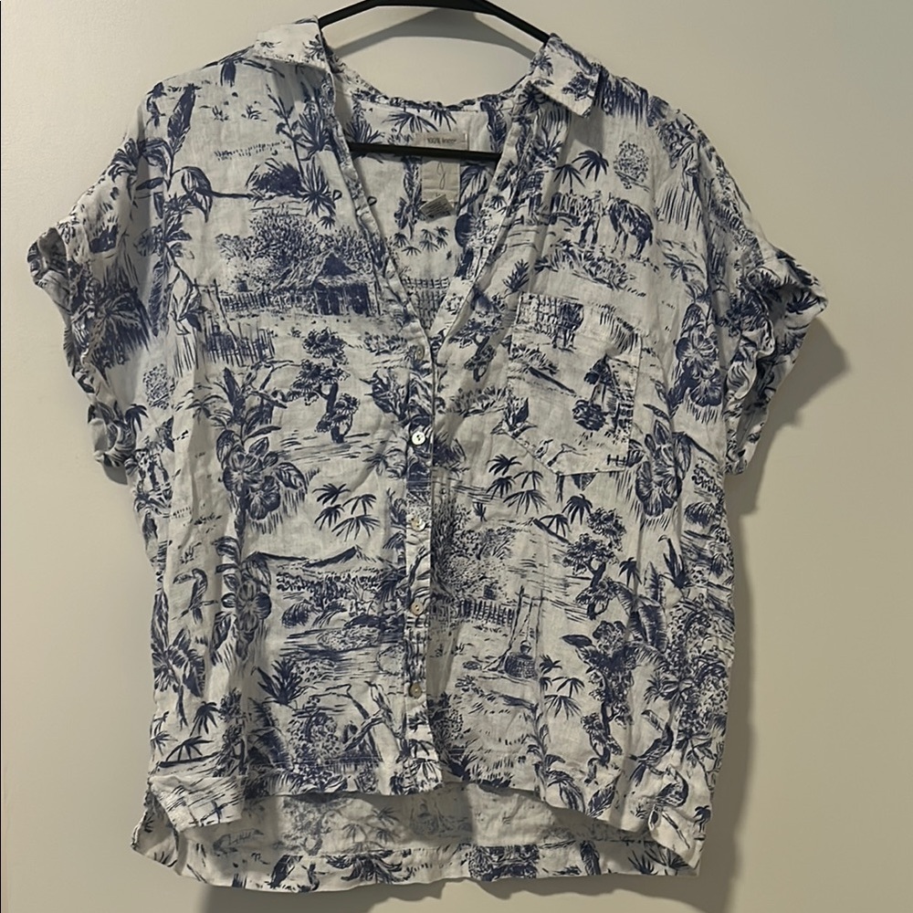 Joie 100% Linen Blue Farm Tropical Horse Vacation Patterned Blouse Size Large